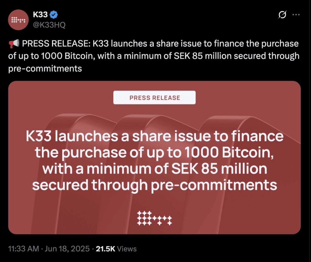 K33 press release on Bitcoin reserves