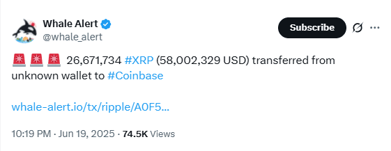 Whale Transfers $58M in XRP. Source: Whale Alert