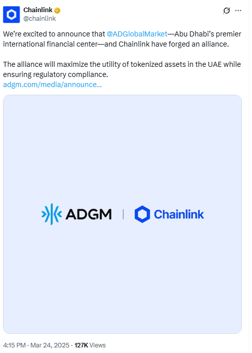 ADGM–Chainlink Alliance Announcement. Source: Chainlink on X