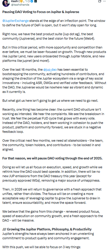 Jupiter DAO Voting Pause Announcement.Source: X / @kashdhanda.