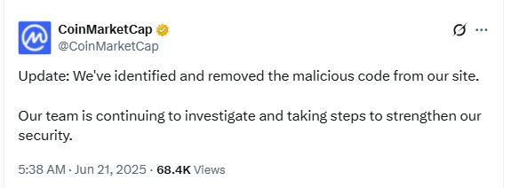 CoinMarketCap Wallet Scam Code Removed. Source: CoinMarketCap