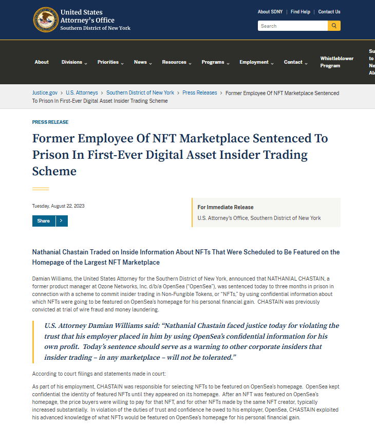 NFT Insider Trading Conviction.Source: U.S. Attorney’s Office, Southern District of New York