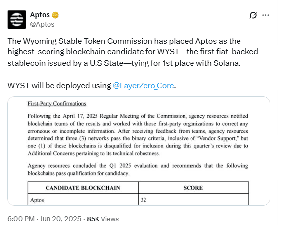Aptos Named Top Blockchain for Wyoming Stablecoin Source: Aptos on X