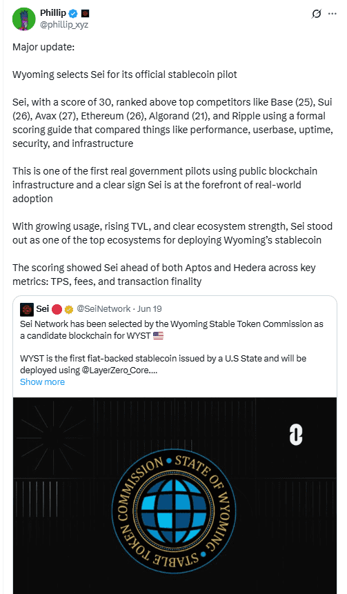 Sei Ranked Above Ethereum in Wyoming Stablecoin PilotSource: Phillip_xyz on X