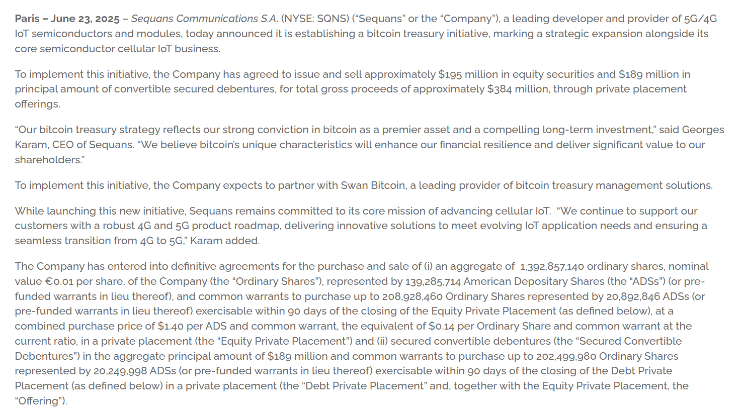 Sequans Bitcoin Treasury Initiative. Source: Sequans Communications S.A. Press Release (June 23, 2025)Sequans Bitcoin Treasury Initiative. Source: Sequans Communications S.A. Press Release (June 23, 2025)