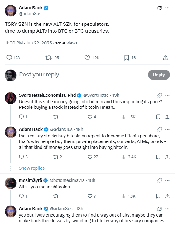 BTC Treasury Comments by Adam Back. Source: Adam Back on X (@adam3us)