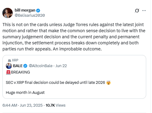 XRP Lawsuit Timeline Claim. Source: Bill Morgan on X (@Belisarius2020)