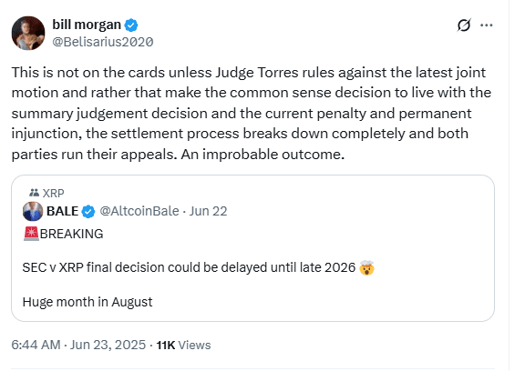 Bill Morgan on XRP Delay Rumor. Source: X (@Belisarius2020)