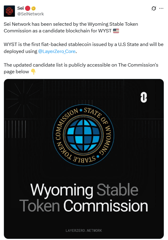 Wyoming Stablecoin Candidate Announcement. Source: Sei Network on X (@SeiNetwork)