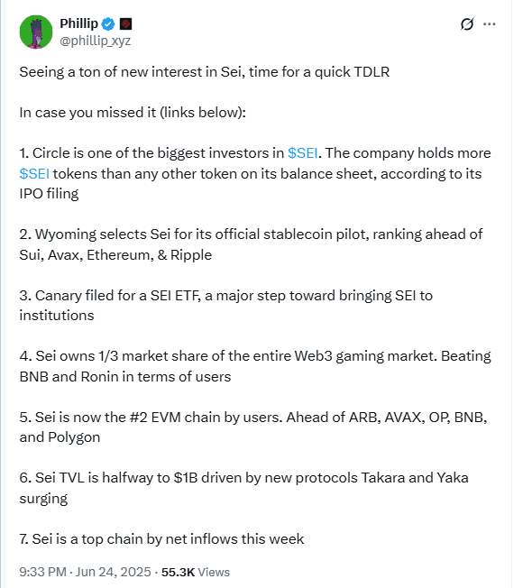 SEI Adoption Highlights Summary. Source: Phillip on X (@phillip.xyz)