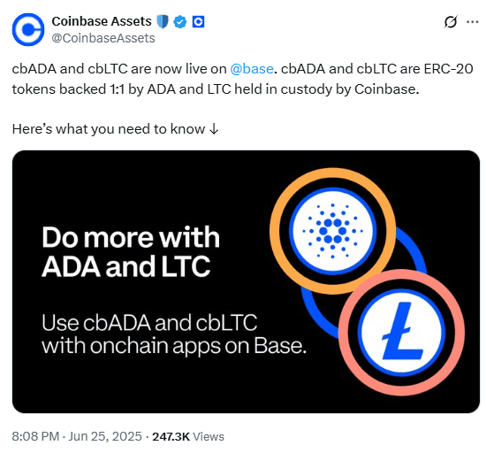  cbADA and cbLTC Launch AnnouncementSource: Coinbase Assets on X (@CoinbaseAssets)