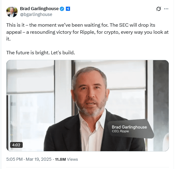 Brad Garlinghouse Reacts to SEC Dropping Appeal. Source: @bgarlinghouse on X