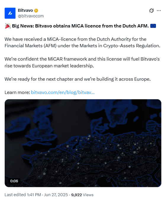 Bitvavo MiCA License AnnouncementSource: Bitvavo on X (@bitvavocom)