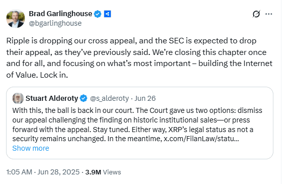 Ripple Drops Cross-Appeal AnnouncementSource: Brad Garlinghouse on X (@bgarlinghouse)