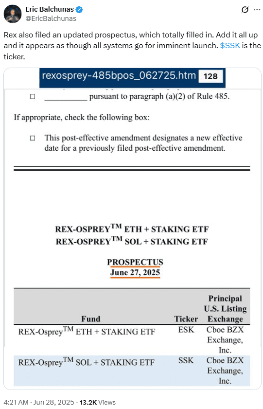 REX Staked Solana ETF Prospectus.Source: Eric Balchunas on X