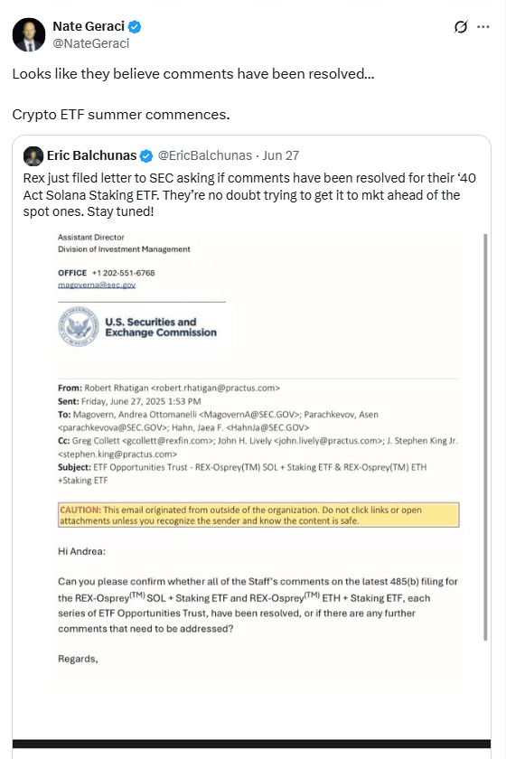 SEC Email on REX Staked Solana ETF Comments.Source: Nate Geraci on X