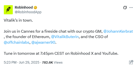 Robinhood Fireside Chat Announcement. Source: RobinhoodApp on X