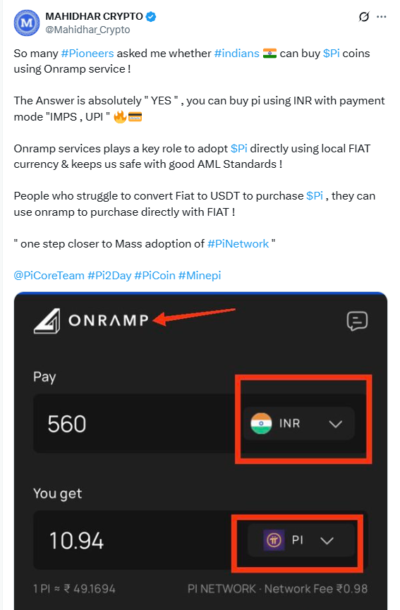 Pi Coin Purchase With INR via Onramp.Source: Mahidhar Crypto on X.
