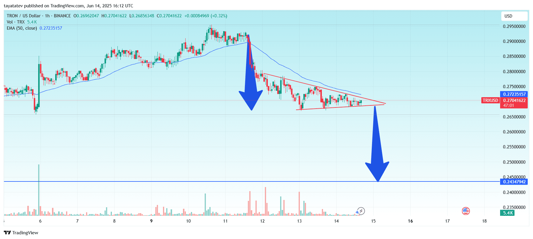 TRX Symmetrical Triangle Breakdown Signal. Source: TradingView