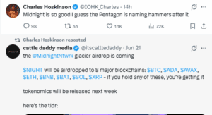 Cardano founder Charles Hoskinson promoting Midnight network and airdrop on X.