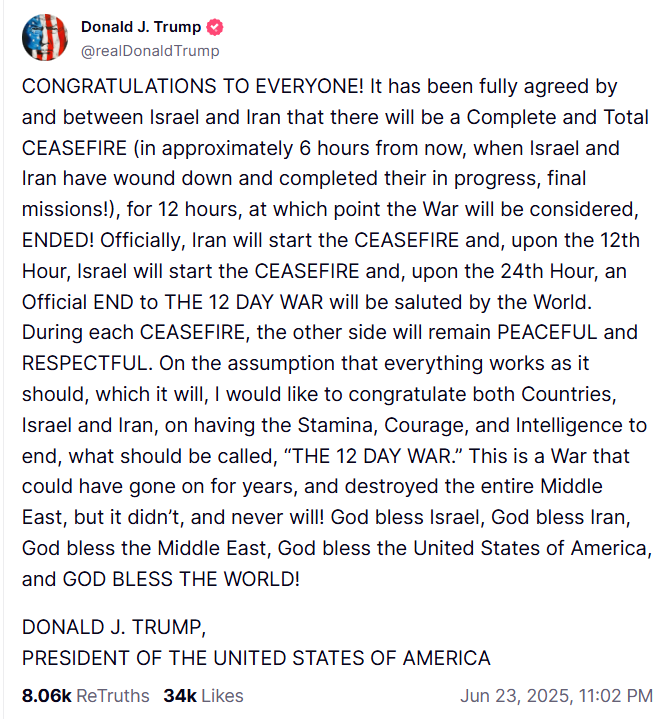  Trump Announces Ceasefire PlanSource: Truth Social