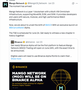 Binance Alpha launched Mango Network (MGO) trading