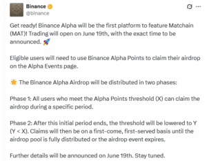 new cryptocurrency Matchain releasing today on binance alpha