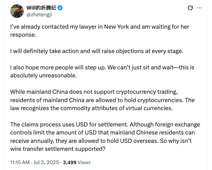 FTX China Payout Freeze Reaction. Source: X (@zhetengji)