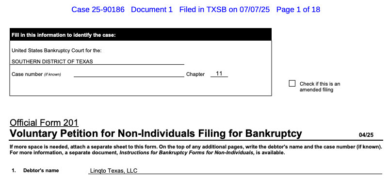 Linqto Texas Bankruptcy FilingSource: United States Bankruptcy Court, Southern District of Texas (Case 25-90186)