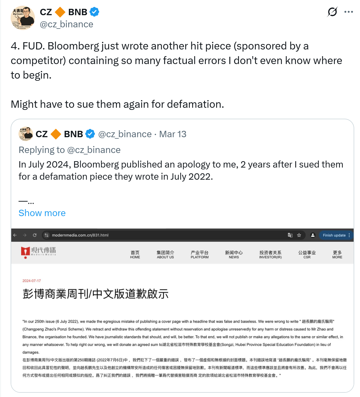 CZ Threatens Bloomberg With Defamation LawsuitSource: X (@cz_binance)