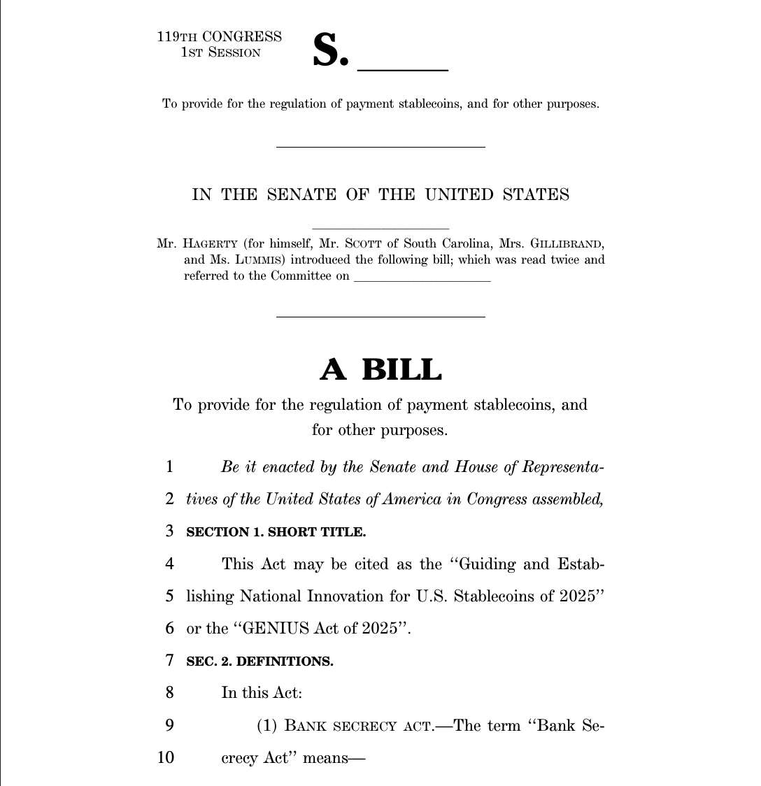 GENIUS Act of 2025 Bill IntroductionSource: U.S. Senate Document