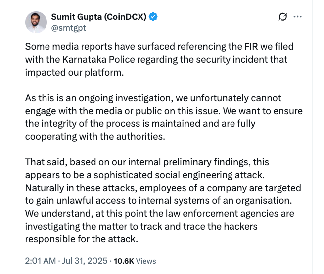 Sumit Gupta CoinDCX Statement on Investigation. Source: Sumit Gupta on X