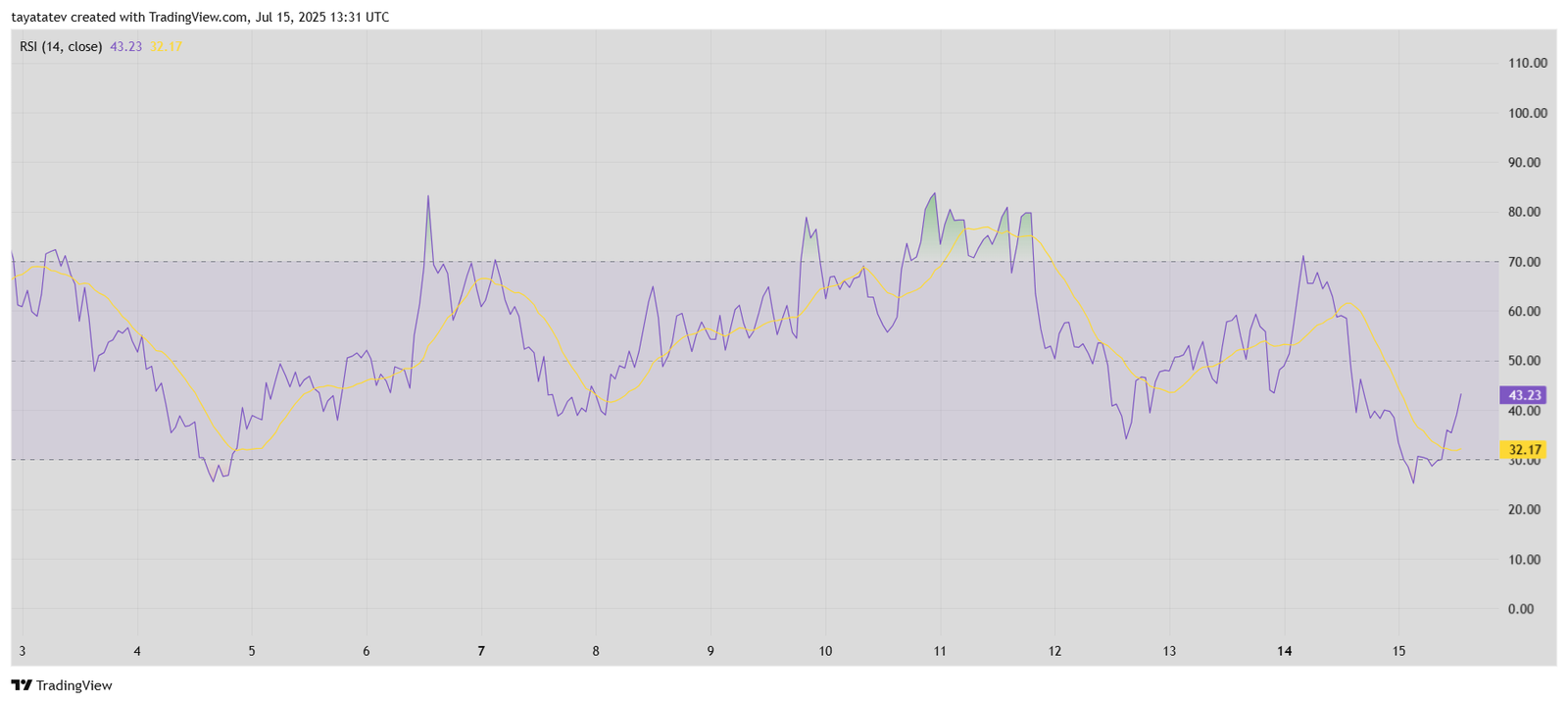 : Dogecoin RSI Indicator Chart – July 15, 2025Source: TradingView.com