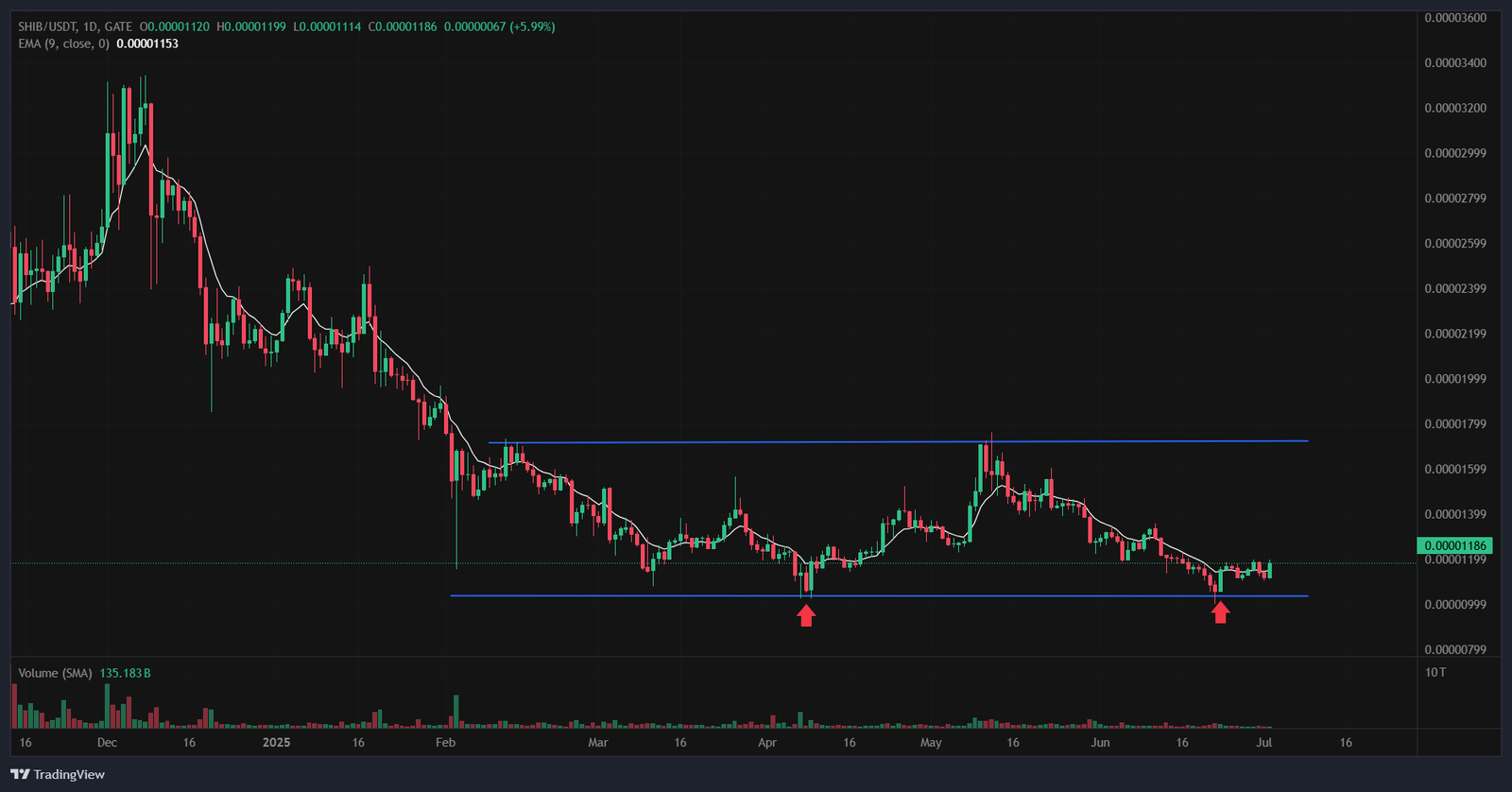 SHIB/USDT Double-Bottom FormationSource: TradingView 