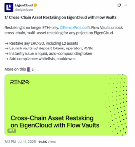 Flow Vaults now allow restaking of any ERC-20 token on EigenLayer powered by Renzo protocol