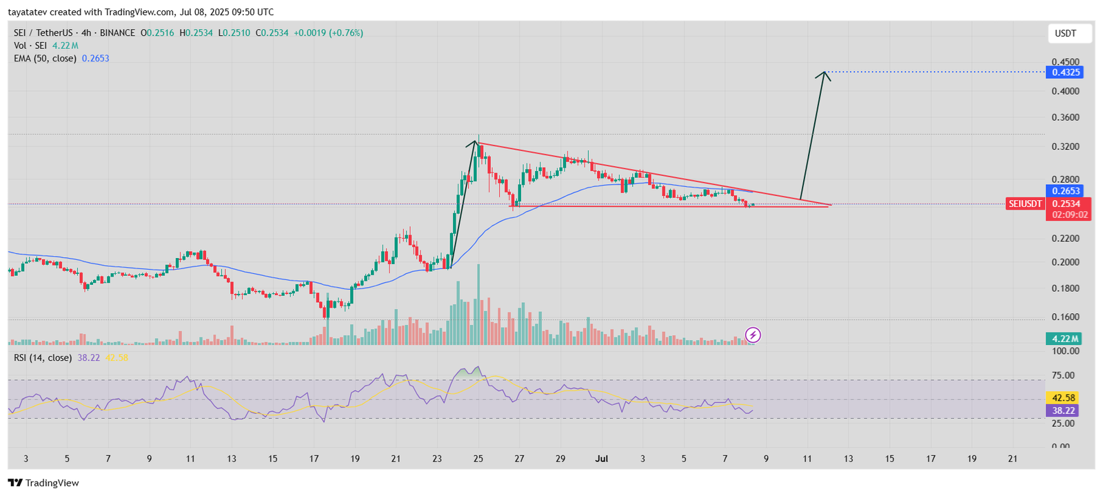 SEI/USDT Descending Triangle Setup. Source: TradingView