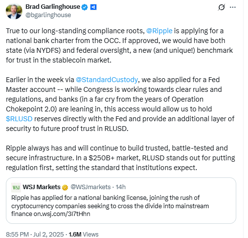 Ripple Bank Charter Post. Source: Brad Garlinghouse on X (@bgarlinghouse)
