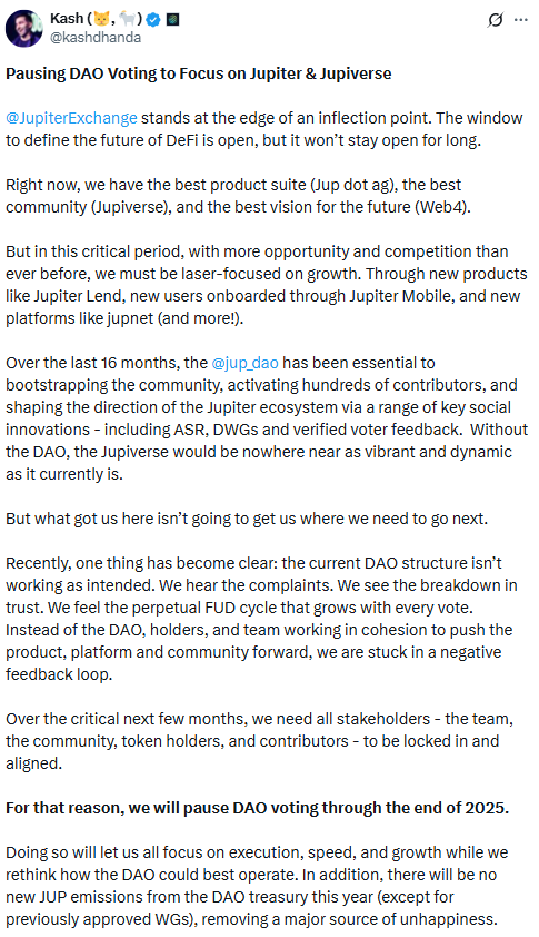 Jupiter DAO Voting Halt.Source: @kashdhanda on X