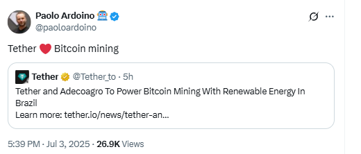 Paolo Ardoino Post on Tether Mining. Source: X (@paoloardoino)