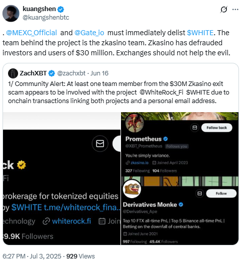 Calls to Delist WHITE TokenSource: X (@kuangshenbtc)