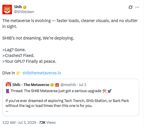 SHIB Metaverse Upgrade TweetSource: X (@Shibtoken)