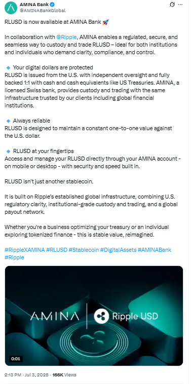 RLUSD Launch at AMINA Bank. Source: AMINA Bank on X
