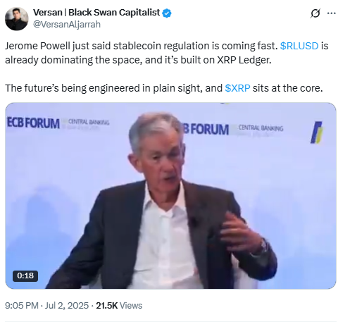  Jerome Powell on Stablecoin Regulation. Source: VersanAljarrah on X