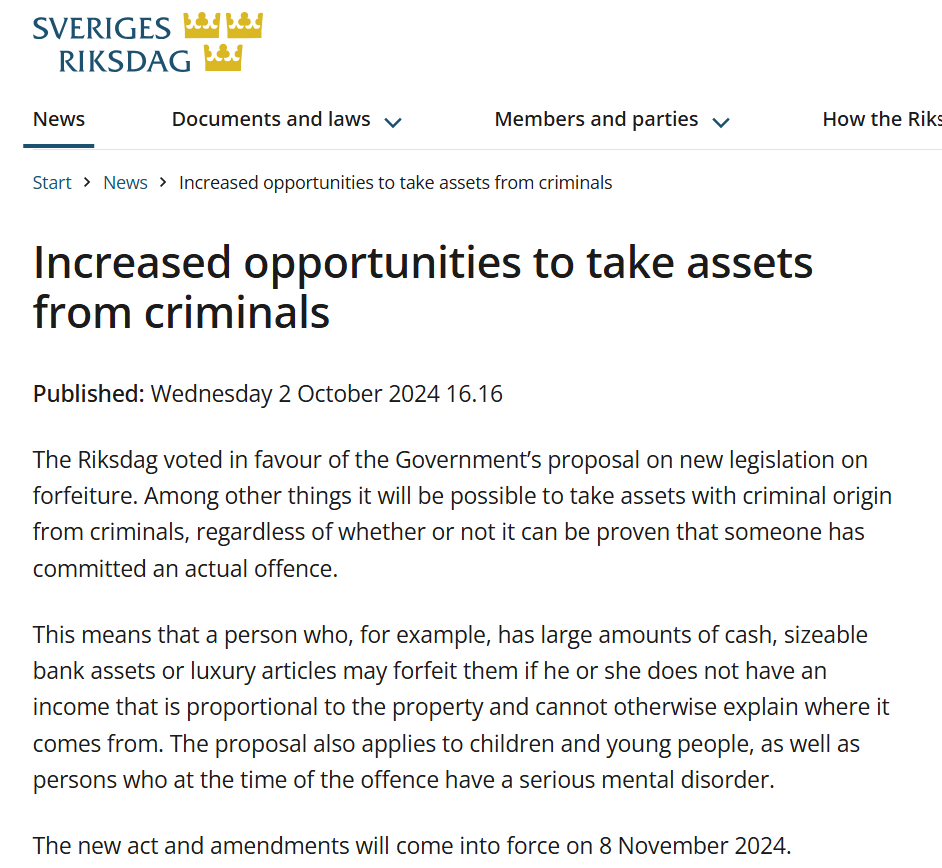 Sweden’s Riksdag Official WebsiteSource: “Increased opportunities to take assets from criminals,”