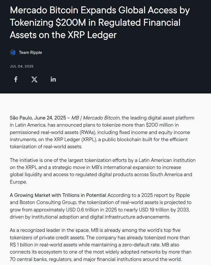  Mercado Bitcoin $200M Tokenization DealSource: Ripple