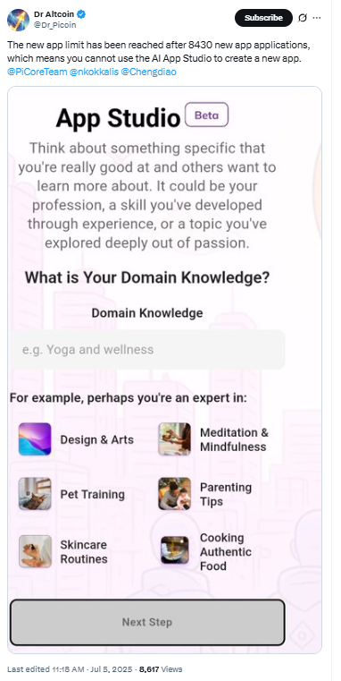  Pi Network App Studio Hits 8430-App LimitSource: Dr Altcoin on X 