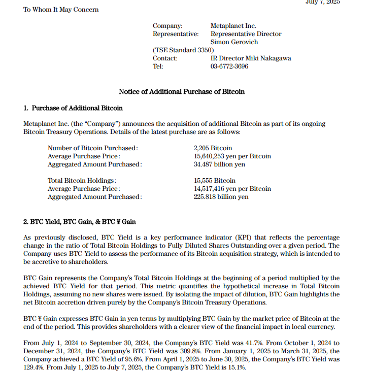 Metaplanet Bitcoin Purchase NoticeSource: Metaplanet Inc. Corporate Filing