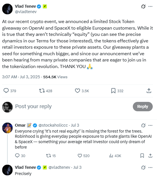 Robinhood Token Giveaway: OpenAI and SpaceX Access.Source: X (@vladtenev)