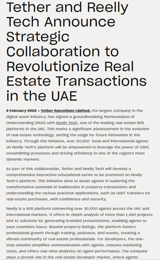 Tether and Reelly Tech MoU. Source: Tether Operations Limited