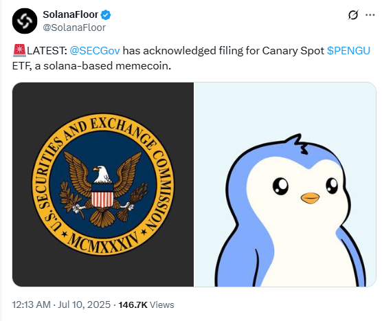 SEC Acknowledges PENGU ETF Filing. Source: SolanaFloor / X (@SolanaFloor)